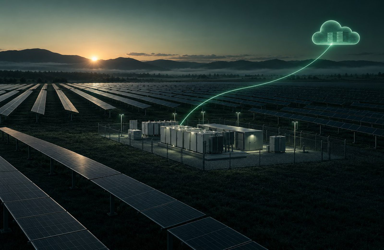 A solar farm at first light, one line of light leaving the site for the cloud