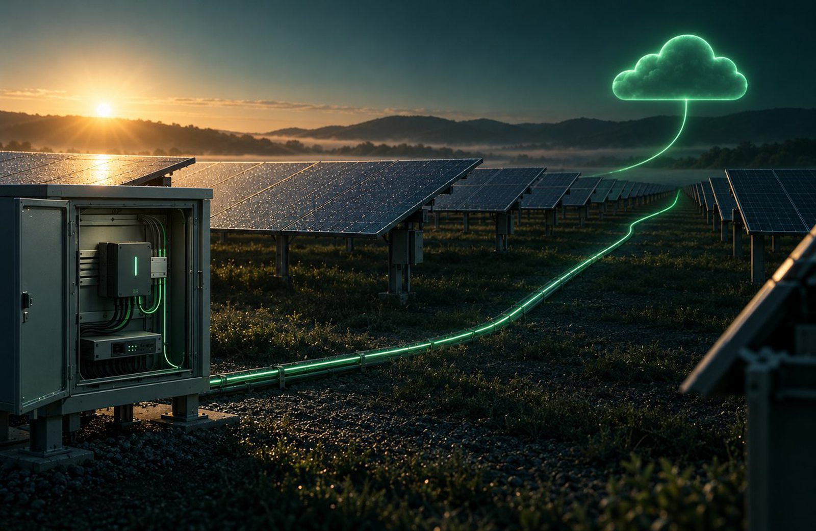 An open cabinet with the probe and router on the rail, the solar rows at first light, and one lit line running out to the cloud.